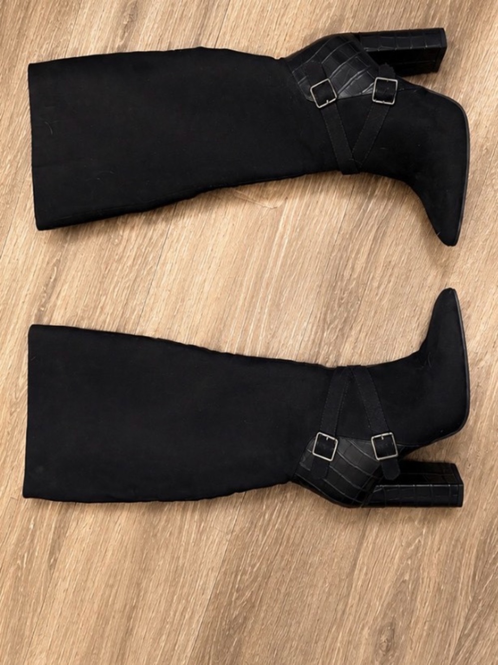 JustFab Black Knee-High Pointed Toe Block Heel Boots with Buckle Detail